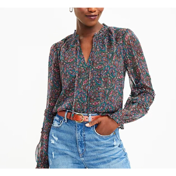 LOFT Womens Multicolor Paisley Shimmer Vine Ruffled Tie Neck Blouse Size S NWT - Picture 1 of 15